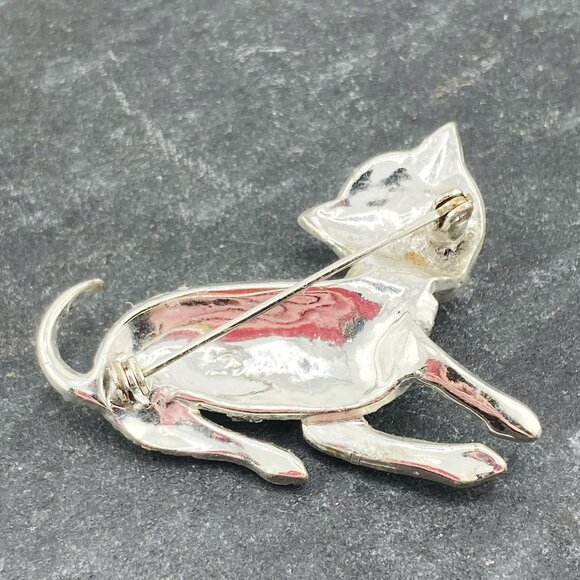 VINTAGE Clear rhinestone and silver tone metal cat brooch 1940s 1950s kitty pin - Picture 7 of 8